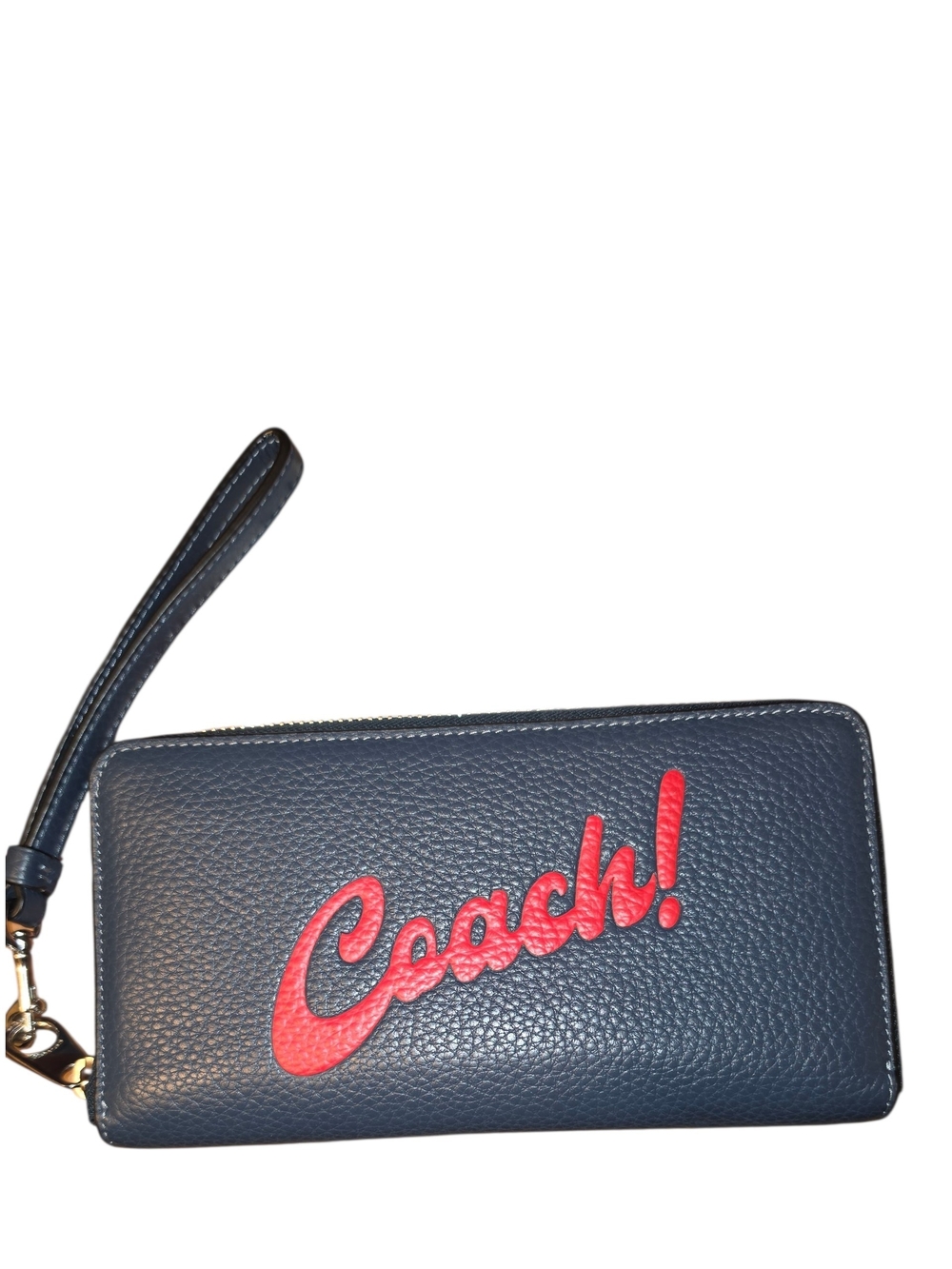 Coach Navy Leather Wristlet with Red Logo Script